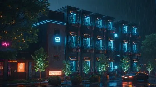 a street is lit up at night with cars on it,rain bar,blue rain,apartment building,apartment block,apartment house,apartment complex,nightclub,cybertown,arkham,sansar,apartments,raindops,aqua studio,st