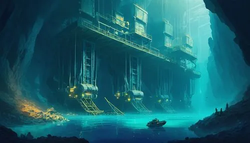 cave on the water,blue cave,mining facility,sunken church,the blue caves,underwater landscape,underground lake,underwater playground,below,lost place,sunken ship,blue caves,ancient city,descent,underwater oasis,undersea,industrial ruin,abandoned place,backwater,excavation,Conceptual Art,Fantasy,Fantasy 02