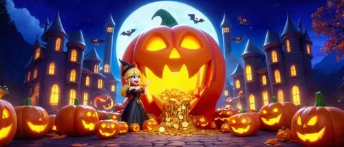 an animated pumpkin is standing in front of an image of pumpkins,halloween background,halloweentown,halloween wallpaper,halloween scene,jack o'lantern,jack o' lantern