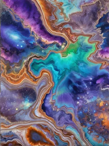 Write a dialogue between two geologists discussing rhyolite formations.,nebula,galaxy,geode,fairy galaxy,agate,colorful water,nebula 3,coral swirl,dye,rainbow waves,galaxy collision,background abstrac