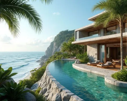 Seaside coastal villa, lush tropical gardens, swaying palm trees, turquoise ocean views, sandy beach access, infinity pools, modern minimalist architecture, curved lines, natural stone walls, wooden a