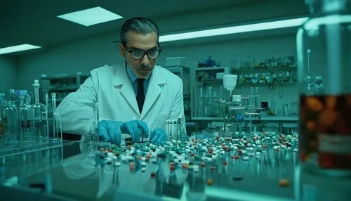 Amidst a cluttered laboratory, a scientist observes pills dissolving on a spoon in a mysterious experiment.,chemical laboratory,laboratory information,biotechnology research institute,pharmaceutical d