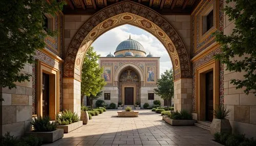 Intricate stone carvings, ornate arches, grand domes, vibrant mosaics, golden accents, richly textured fabrics, solemn atmosphere, peaceful courtyard, lush greenery, ancient trees, worn stone pathways