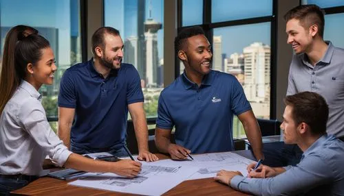 UCI civil engineering architectural design team, 5 members, diverse age range, (20-40yo), casual wear, polo shirts, jeans, sneakers, laptops, diagrams, blueprints, architectural models, modern confere