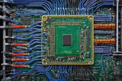 Microprocessor, 9-bit architecture, integrated circuit, CPU, ALU, registers, buses, binary code, digital logic, motherboard, circuit board, wires, microchips, electronic components, futuristic laborat