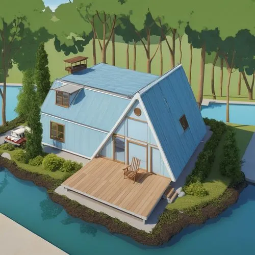 
add cars, people,a large 3d view of a house in the woods,house with lake,house by the water,inverted cottage,floating huts,pool house,houseboat,Photography,General,Realistic