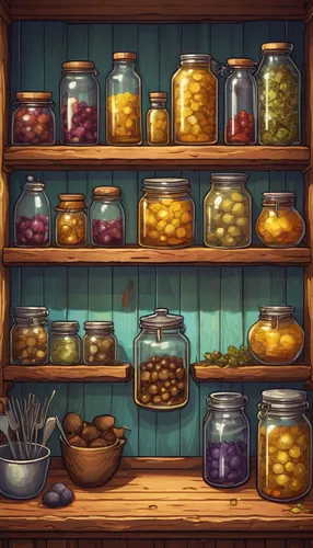 pantry,village shop,storage-jar,collected game assets,jars,apothecary,kitchen shop,general store,shopkeeper,brandy shop,store icon,bakery,honey jar,cupboard,preserved food,food storage,honey jars,inventory,gold shop,game illustration,Illustration,Realistic Fantasy,Realistic Fantasy 04