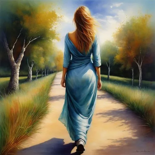 woman walking,girl walking away,pathway,oil painting on canvas,oil painting,donsky,art painting,walking in a spring,landscape background,the mystical path,liberto,ambling,jagannathan,footpath,walk,girl in a long dress,i walk,promenading,girl in a long,world digital painting,Conceptual Art,Daily,Daily 32