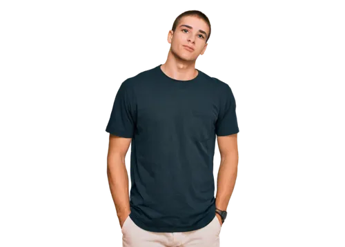 Casual young man, free T-shirt, relaxed fit, short sleeves, crew neck, plain white, soft fabric, slight wrinkles, loose fitting, hands in pocket, leaning against wall, natural pose, morning light, 3/4