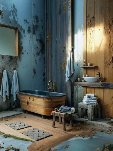 ванная комната в стиле ваби саби,an old tub and wooden shelf are shown in a rustic bathroom,zoffany,the little girl's room,boy's room picture,danish room,abandoned room,beauty room,Photography,Documen