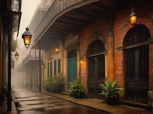 new orleans,french quarters,neworleans,lalaurie,alleyways,alleyway,sidestreet,gas lamp,calcutta,brownstones,old linden alley,ybor,lafitte,old havana,shutters,beautiful buildings,dumaine,savannah,morning mist,gaslight,Illustration,Realistic Fantasy,Realistic Fantasy 08