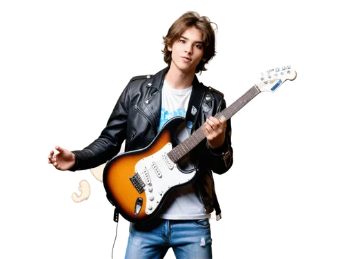 Young male musician, rock band, solo, (20yo), messy brown hair, black leather jacket, white shirt, blue jeans, guitar strap, electric guitar, dynamic pose, standing, energetic, spot light, smoky atmos