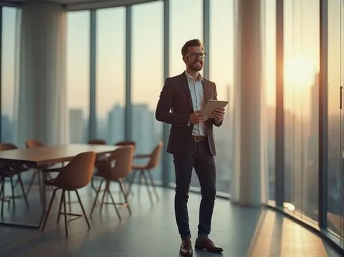 Modern designer, elegant hair, stylish glasses, subtle smile, professional attire, blazer, white shirt, fitted trousers, leather shoes, holding a tablet, standing, sleek conference room, wooden table,