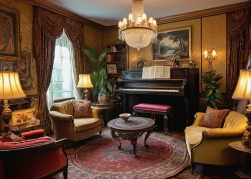 parlor,victorian room,sitting room,steinway,grand piano,biedermeier,ornate room,enfilade,the piano,steinways,interior decor,great room,bechstein,fortepiano,mezzard,gallimard,antique furniture,lanesborough,anteroom,showhouse,Illustration,American Style,American Style 09