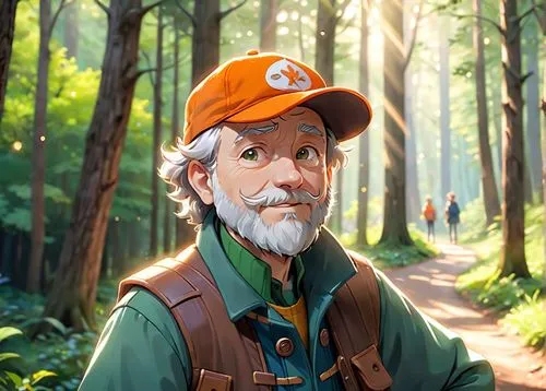 A 45 year old man, he is a forester, he is wearing an orange cap with a logo on it, his beard is chesnuts colored, he is wearing forester clothes green and brown colored, he has a few rickles on his f