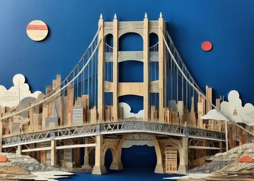 grey bridge,a sculpture of a bridge with the city below,suspension bridge,pictbridge,triborough,bridges,bridge,pont,Unique,Paper Cuts,Paper Cuts 06