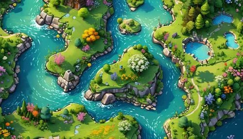 Mythical land, enchanting story: walk through a magical world, lively river bordered with wildflowers, simplicity, ultra-high res, highly detailed,,a river,water courses,river delta,river course,river