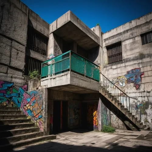 Brutalist building, Mexico City, urban landscape, concrete structure, geometric shape, rugged texture, brutalist details, industrial materials, urban decay, vibrant street art, colorful graffiti, worn