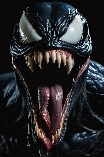 The head of Venom with a long, menacing tongue lashing out, emerging from an entirely black background that appears as a thick, viscous liquid. The black, gooey substance blends seamlessly with the ba