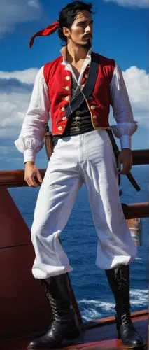 Male, muscular, pirate, one-piece costume, red vest, white shirt, blue pants, black boots, bandana, scars on face, strong jawline, piercing brown eyes, spiky black hair, confident posture, standing on