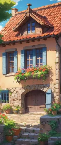 violet evergarden,studio ghibli,ghibli,dreamhouse,beautiful home,country house,apartment house,small house,little house,arrietty,grass roof,private house,flower shop,butka,traditional house,sylvania,ancient house,wooden house,house in the forest,auberge,Illustration,Japanese style,Japanese Style 03