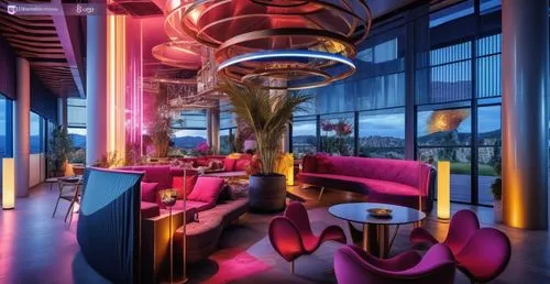 a lobby with large red chairs and windows,faena,skybar,lounges,jalouse,mahdavi,andaz,Photography,General,Realistic