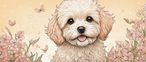 bearded collie,dog illustration,tibetan terrier,cavapoo,havanese,sealyham terrier,otterhound,cavachon,goldendoodle,cockapoo,dog drawing,shih poo,coton de tulear,wood daisy background,labradoodle,shih tzu,shih-poo,irish soft-coated wheaten terrier,old english sheepdog,flower background,Illustration,Japanese style,Japanese Style 15