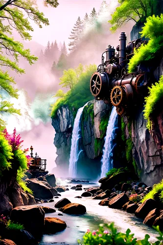 steam train,cartoon video game background,train ride,world digital painting,ash falls,waterfalls,fantasy landscape,wooden railway,waterfall,brown waterfall,wooden train,steam power,water falls,waterwheels,steam engine,falls,ghibli,steam train furka mountain range,steam locomotives,magical adventure,Conceptual Art,Fantasy,Fantasy 25