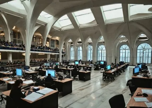 Department of Architectural Design History and Technology, NTNU, modern university building, grand entrance, marble floor, high ceiling, large windows, rows of computers, students working, professor l