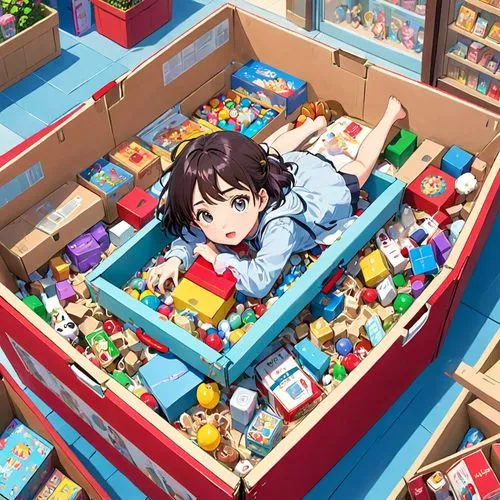 toy box,toybox,tomato crate,boxful,toy store,gacha,crate of fruit,toyshop,kumiko,hamster shopping,container,containerized,crate of vegetables,shopkeeper,hikikomori,storeship,suzumiya,stacked containers,nouaimi,toysmart,Anime,Anime,Traditional