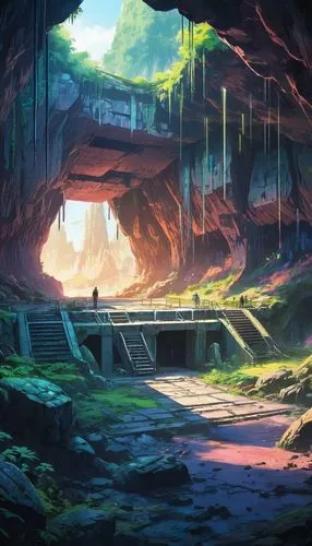 futuristic landscape,cave,fantasy landscape,pit cave,sea caves,cave on the water,sea cave,lava cave,mushroom landscape,cave tour,environment,valley,meteora,karst landscape,glacier cave,canyon,mesa,ravine,ancient city,cave church,Illustration,Japanese style,Japanese Style 03