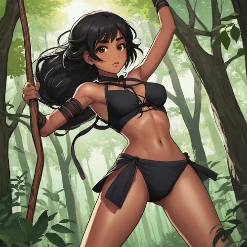 mai tai,tiger lily,polynesian girl,hula,tarzan,jasmine,polynesian,swordswoman,background ivy,ashitaba,maya,trekking pole,mowgli,forest clover,archer,forest background,monsoon banner,longbow,cave girl,quarterstaff,Illustration,Japanese style,Japanese Style 13