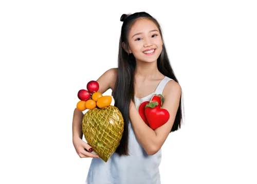 Vietnamese girl, young teenager, sweet smile, big brown eyes, long black hair, ponytail, white áo dài, golden necklace, holding hình trái tim (heart-shaped fruit), close-up, soft focus, warm lighting,