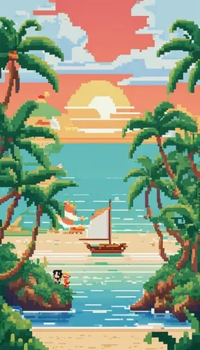 monkey island,pixel art,tropics,tropical sea,an island far away landscape,tropical island,tropical beach,beach scenery,coast sunset,beach landscape,ocean paradise,polynesia,retro background,boat landscape,island,fiji,ocean,pineapple boat,luau,ocean background,Unique,Pixel,Pixel 01