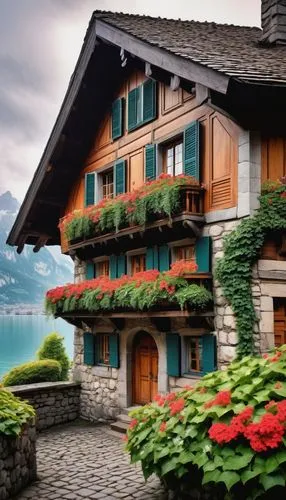 Traditional Swiss chalet, wooden facade, triangular roof, white snowflakes gently falling, intricately carved door, stone foundation, ivy climbing walls, wooden shutters, flower boxes under windows, m