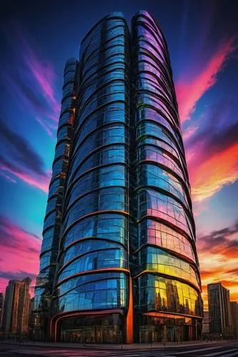 Futuristic skyscraper, abstract design, metaphorical architecture, gleaming metallic materials, reflective glass surfaces, intricate structural details, curved lines, dynamic shapes, neon lights, city