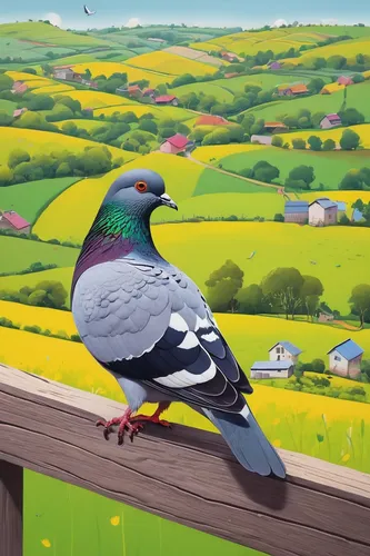 Describe the peaceful life of a pigeon living in a serene countryside.,field pigeon,wild pigeon,victoria crown pigeon,feral pigeon,plumed-pigeon,bird pigeon,fantail pigeon,city pigeon,wood pigeon,rock