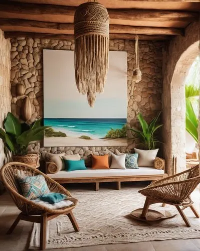 mustique,palmilla,beach furniture,boho art style,tropical house,beach house,boho art,tropical beach,holiday villa,cabana,beach hut,dream beach,beachfront,alcove,summer cottage,caribbean,seclude,interior decor,thatch umbrellas,tropical island,Illustration,Realistic Fantasy,Realistic Fantasy 15