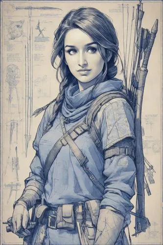 dacia,joan of arc,winterblueher,female warrior,katniss,fantasy portrait,swordswoman,mara,piper,mulan,huntress,pencil color,ranger,girl drawing,cg artwork,pencils,pencil drawing,custom portrait,nora,elsa,Digital Art,Blueprint