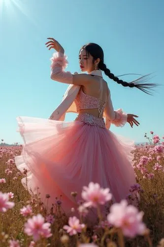 flower fairy,cosmos flowers,ballet tutu,ballerina girl,blooming field,cosmos flower