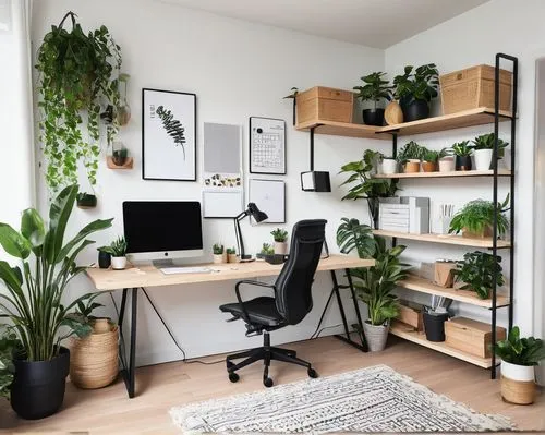 Modern minimalist home office, wooden desk, ergonomic chair, green plants, floor lamp, decorative rug, wall shelves, laptop, keyboard, mouse, headphones, papers, pens, pencils, sticky notes, colorful 