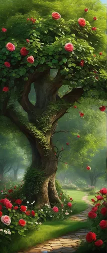 apple tree,flourishing tree,apple trees,blossoming apple tree,fairy forest,strawberry tree,flower tree,oak tree,blossom tree,tree grove,apple orchard,forest tree,tree of life,magic tree,mushroom landscape,celtic tree,fairytale forest,apple blossoms,landscape rose,enchanted forest,Illustration,Abstract Fantasy,Abstract Fantasy 01