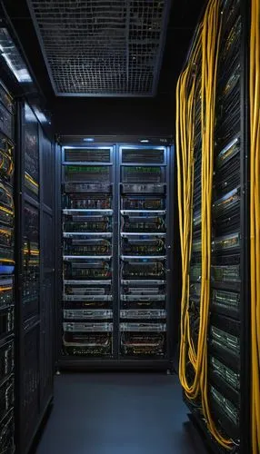 Distributed system, Hadoop ecosystem, big data processing, master node, slave nodes, racks, data center, complex network cables, multiple servers, cooling systems, blinking lights, futuristic atmosphe