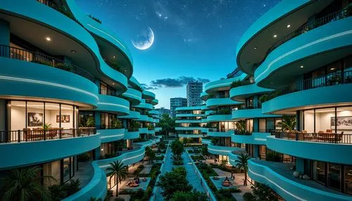 Celestial planetarium, social housing complex, vibrant blue-green color scheme, neon-lit accents, futuristic architecture, curved lines, domed roofs, starry night sky, ambient lighting, soft glow, coz