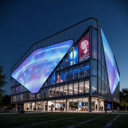 Futuristic football stadium, sleek metallic facade, neon-lit LED strips, dynamic curves, angular lines, cantilevered roofs, transparent glass walls, iridescent colors, holographic advertisements, futu