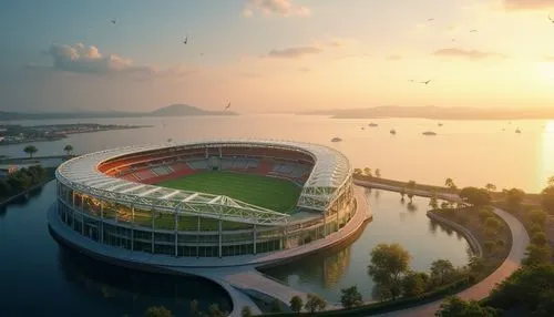 Lakefront soccer stadium, modern architecture, curved lines, sleek design, glass facade, steel structure, tiered seating, green roof, lake views, sunset background, golden hour lighting, soft focus, s