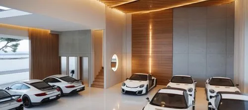 LUXURIOUS AND ELEGANT PORCH CAR DISPLAY, LUXURIOUS AND ELEGANT WHITE MARBLE FLOOR. WALL ON THE RIGHT AND IN THE BACK OF SPLITTED CONCRETE, DECORATION ON THE WOODEN CEILING WITH WAVES AND HANGING LAMPS