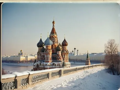 Russian architecture, onion-shaped domes, colorful Orthodox church, intricate stone carvings, ornate decorations, grandeur palace, Moscow Kremlin, Red Square, winter scenery, snow-covered rooftops, fr