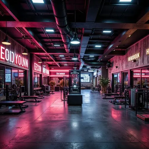 Industrial-chic fitness club interior, exposed ductwork, polished concrete floors, neon-lit signage, sleek metal equipment, mirrored walls, high ceilings, urban loft atmosphere, reclaimed wood accents