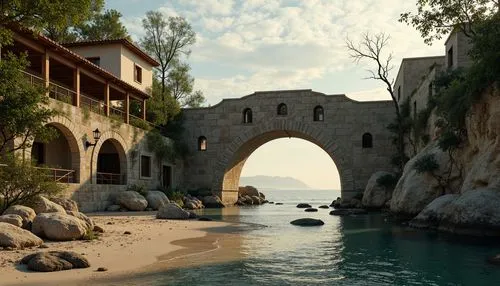 Weathered stone bridges, rustic archways, oceanic blue-green waters, sandy shores, driftwood accents, sea-salt air, misty mornings, warm golden lighting, soft focus, atmospheric perspective, 1/2 compo